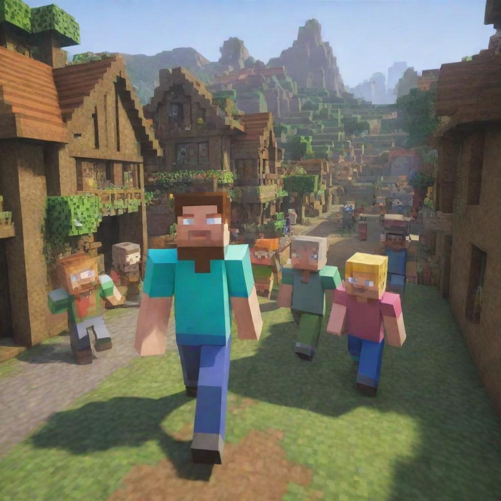 Further adapt the Minecraft world image, now having villagers warmly greeting Steve in a friendly manner as he walks through the bustling, vibrant villages.