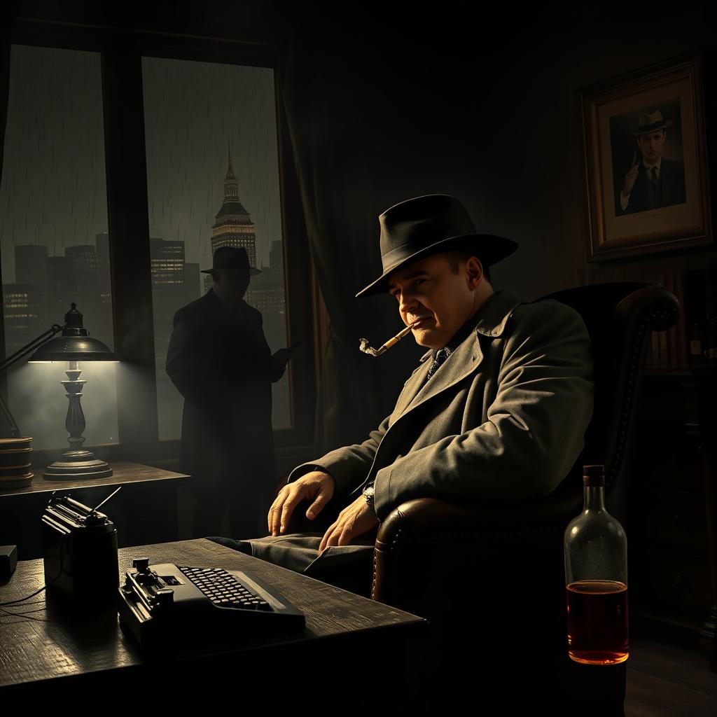 A dramatic 1930s detective noir scene set in a smoky, dimly-lit office