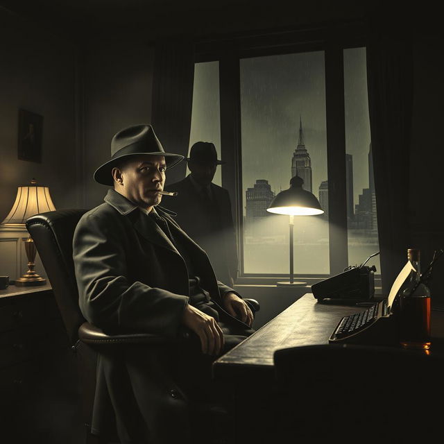 A dramatic 1930s detective noir scene set in a smoky, dimly-lit office