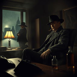 A dramatic 1930s detective noir scene set in a smoky, dimly-lit office