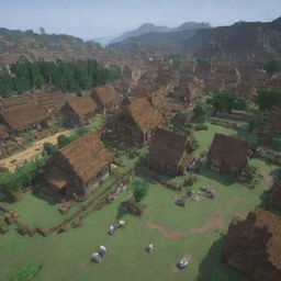 Abruptly intensify the scene: pillagers have invaded the Minecraft village. Capturing the chaos, buildings are being destroyed and villagers are fleeing, a stark contrast to the once peaceful settlement.