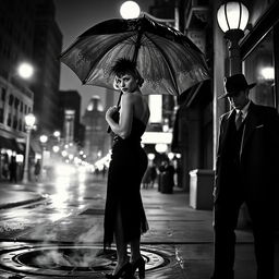 A captivating black and white scene from a 1930s crime thriller noir