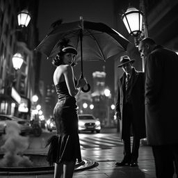 A captivating black and white scene from a 1930s crime thriller noir