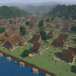 Abruptly intensify the scene: pillagers have invaded the Minecraft village. Capturing the chaos, buildings are being destroyed and villagers are fleeing, a stark contrast to the once peaceful settlement.