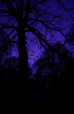 A silhouette view from underneath a tree, showcasing a dark violet sky at night in a forest, with vampire-themed elements such as subtle shadows of bats flying in the background and a mist surrounding the forest floor