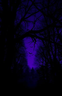 A silhouette view from underneath a tree, showcasing a dark violet sky at night in a forest, with vampire-themed elements such as subtle shadows of bats flying in the background and a mist surrounding the forest floor