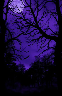 A silhouette view from underneath a tree, showcasing a dark violet sky at night in a forest, with vampire-themed elements such as subtle shadows of bats flying in the background and a mist surrounding the forest floor