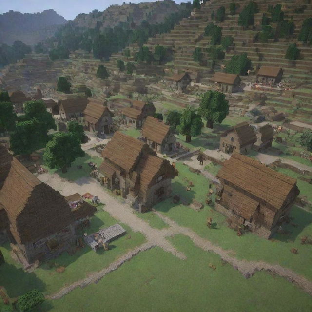 Abruptly intensify the scene: pillagers have invaded the Minecraft village. Capturing the chaos, buildings are being destroyed and villagers are fleeing, a stark contrast to the once peaceful settlement.