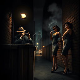 A gripping 1940s crime thriller noir scene set in a bustling city street at night