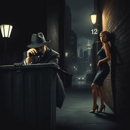 A gripping 1940s crime thriller noir scene set in a bustling city street at night