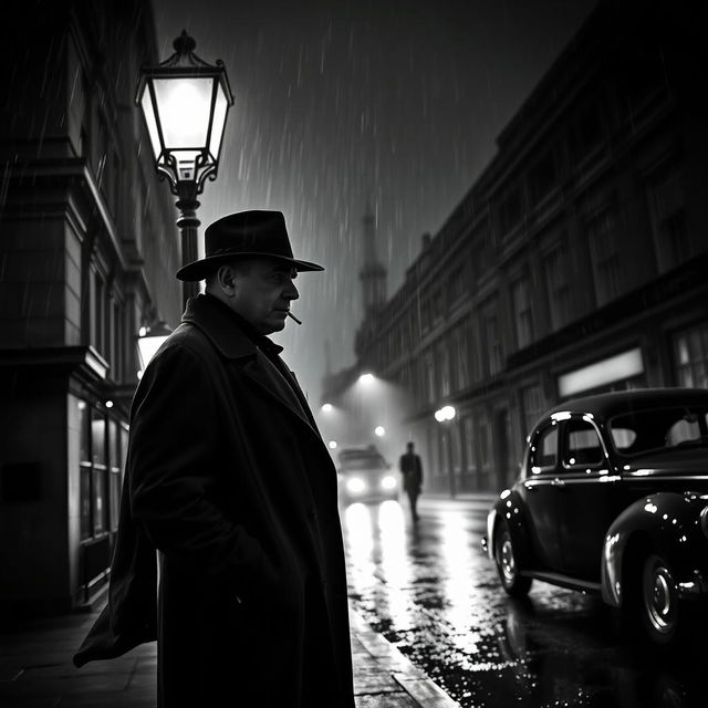 A captivating black and white crime thriller scene set in 1940s London, depicting a rain-soaked street at night