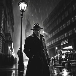 A captivating black and white crime thriller scene set in 1940s London, depicting a rain-soaked street at night