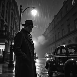 A captivating black and white crime thriller scene set in 1940s London, depicting a rain-soaked street at night