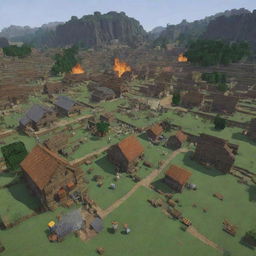 Abruptly intensify the scene: pillagers have invaded the Minecraft village. Capturing the chaos, buildings are being destroyed and villagers are fleeing, a stark contrast to the once peaceful settlement.