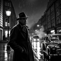 A captivating black and white crime thriller scene set in 1940s London, depicting a rain-soaked street at night