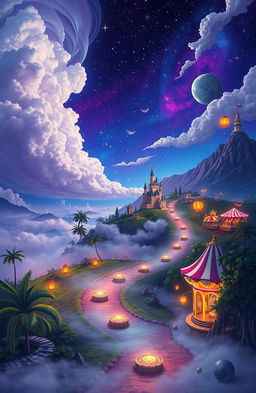A surreal landscape depicting the concept of dreams and distance, with ethereal clouds and glimmering stars scattered across vivid night sky
