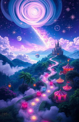 A surreal landscape depicting the concept of dreams and distance, with ethereal clouds and glimmering stars scattered across vivid night sky