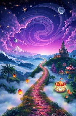 A surreal landscape depicting the concept of dreams and distance, with ethereal clouds and glimmering stars scattered across vivid night sky