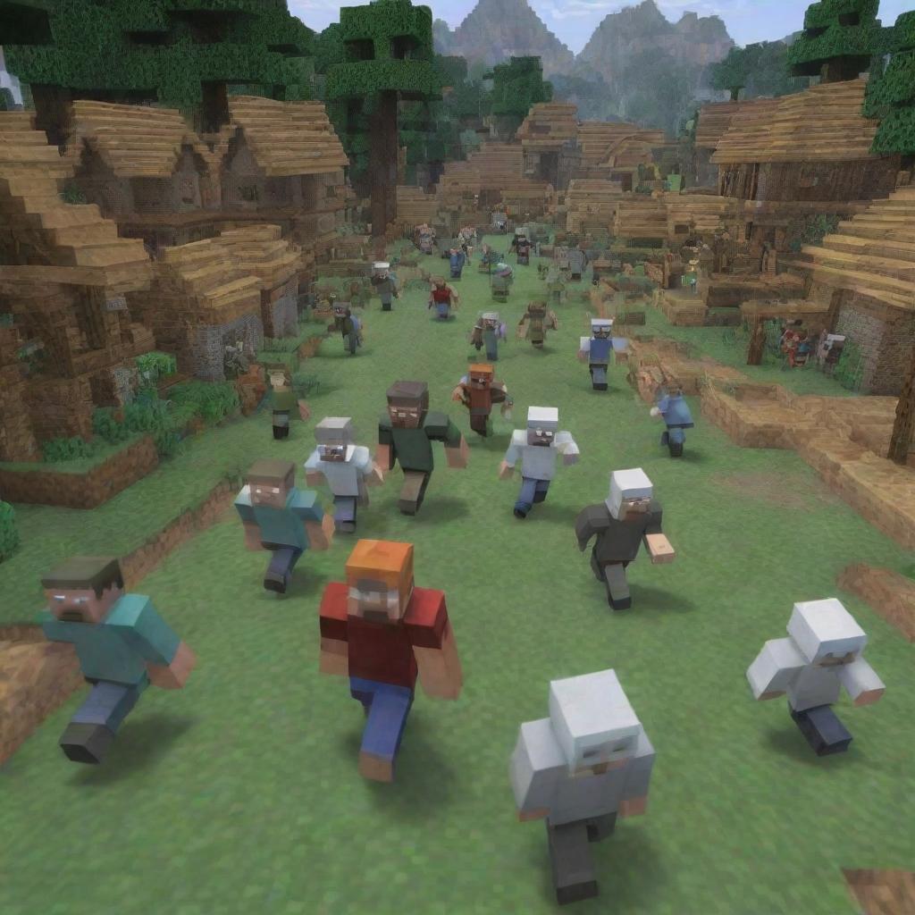 Amplify the intensity of the scene in the Minecraft village under attack. Display villagers sprinting in every direction, a flurry of panic and fear against the backdrop of the pillager invasion.