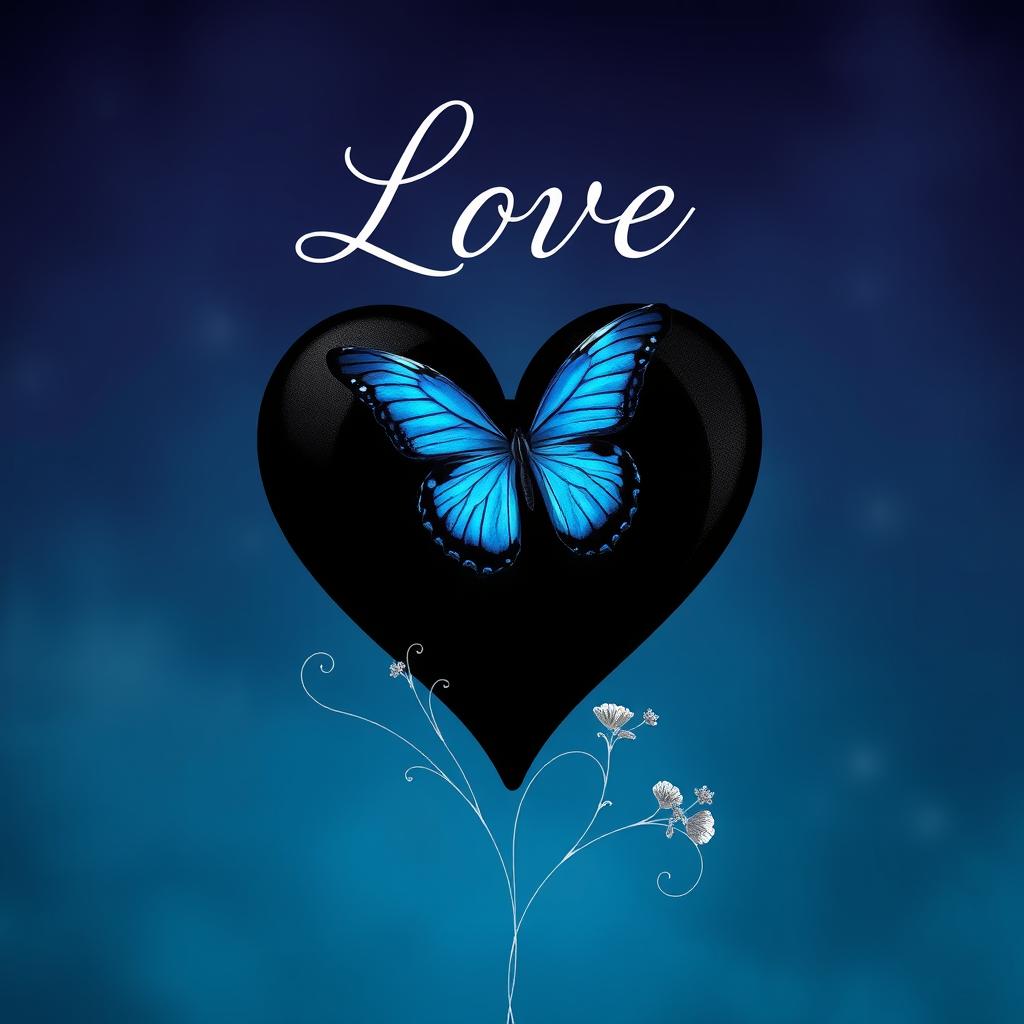 A captivating book cover design featuring a striking blue butterfly gracefully perched on a stylized black heart