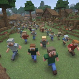 Amplify the intensity of the scene in the Minecraft village under attack. Display villagers sprinting in every direction, a flurry of panic and fear against the backdrop of the pillager invasion.