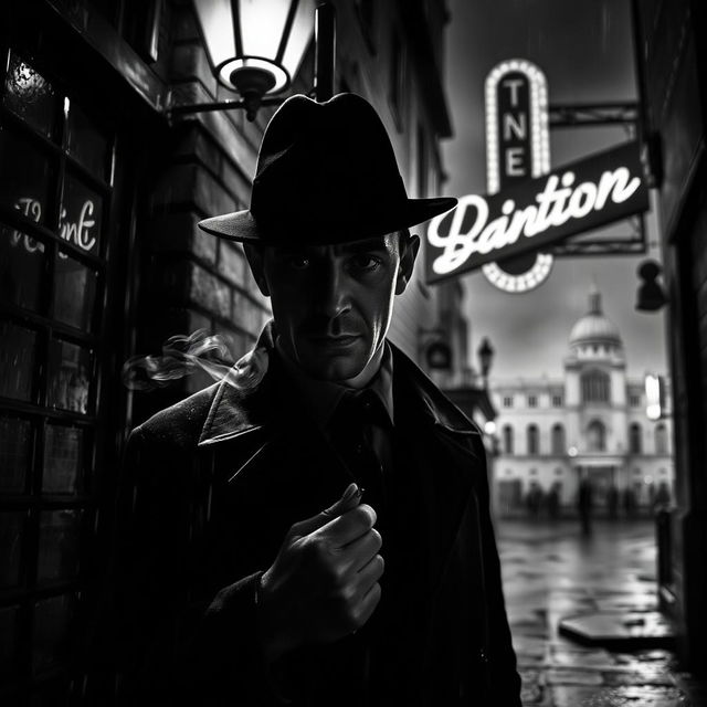 A striking black and white noir scene set in 1940s London, featuring a classic crime thriller atmosphere