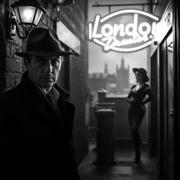 A striking black and white noir scene set in 1940s London, featuring a classic crime thriller atmosphere
