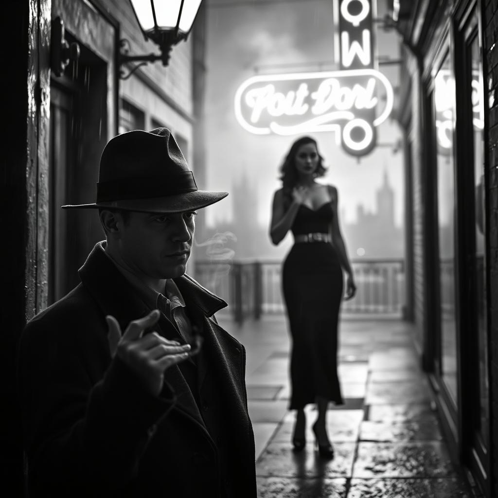 A striking black and white noir scene set in 1940s London, featuring a classic crime thriller atmosphere