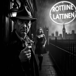 A striking black and white noir scene set in 1940s London, featuring a classic crime thriller atmosphere