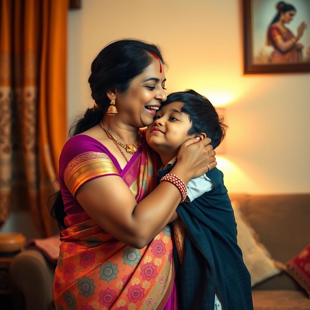 A tender and affectionate moment between an Indian mother and her adult child, sharing a loving kiss on the lips in a warm, cozy home environment