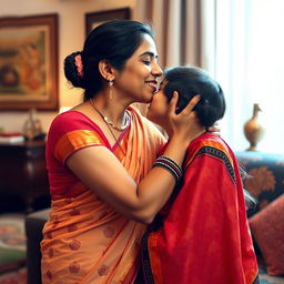 A tender and affectionate moment between an Indian mother and her adult child, sharing a loving kiss on the lips in a warm, cozy home environment