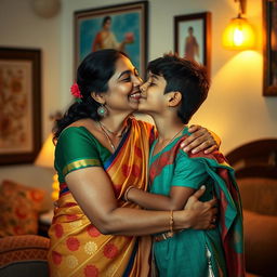 A tender and affectionate moment between an Indian mother and her adult child, sharing a loving kiss on the lips in a warm, cozy home environment