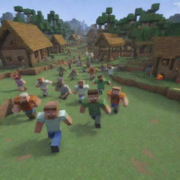 Amplify the intensity of the scene in the Minecraft village under attack. Display villagers sprinting in every direction, a flurry of panic and fear against the backdrop of the pillager invasion.