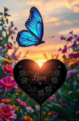 A stunningly beautiful blue glamorous butterfly fluttering gracefully amidst a whimsical romantic setting, surrounded by an enchanting garden filled with vibrant, colorful flowers