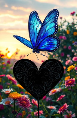 A stunningly beautiful blue glamorous butterfly fluttering gracefully amidst a whimsical romantic setting, surrounded by an enchanting garden filled with vibrant, colorful flowers