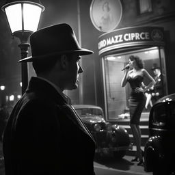 A striking black and white noir scene set in 1940s London, capturing a vivid crime thriller atmosphere