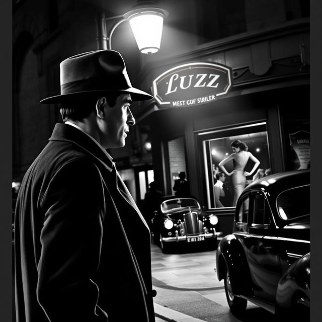 A striking black and white noir scene set in 1940s London, capturing a vivid crime thriller atmosphere