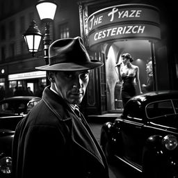 A striking black and white noir scene set in 1940s London, capturing a vivid crime thriller atmosphere