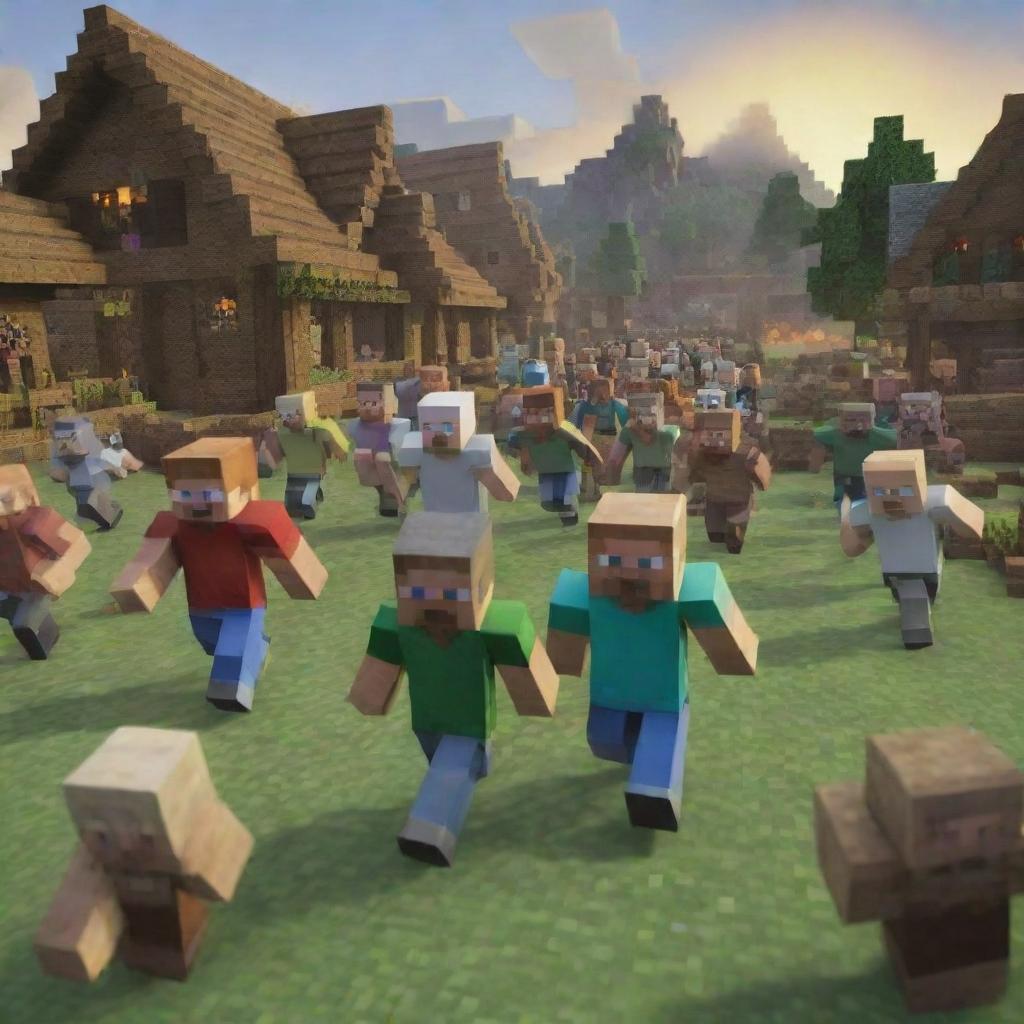 Amplify the intensity of the scene in the Minecraft village under attack. Display villagers sprinting in every direction, a flurry of panic and fear against the backdrop of the pillager invasion.