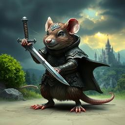 A fierce warrior rat clad in a detailed, ornate armor, wielding a tiny sword