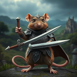 A fierce warrior rat clad in a detailed, ornate armor, wielding a tiny sword