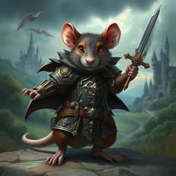 A fierce warrior rat clad in a detailed, ornate armor, wielding a tiny sword