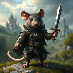 A fierce warrior rat clad in a detailed, ornate armor, wielding a tiny sword