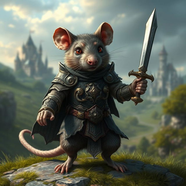 A fierce warrior rat clad in a detailed, ornate armor, wielding a tiny sword