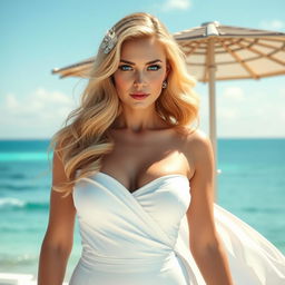 Seren Odette Beaumont, a striking and elegant woman with an aura of wealth and power, enjoying a relaxing holiday