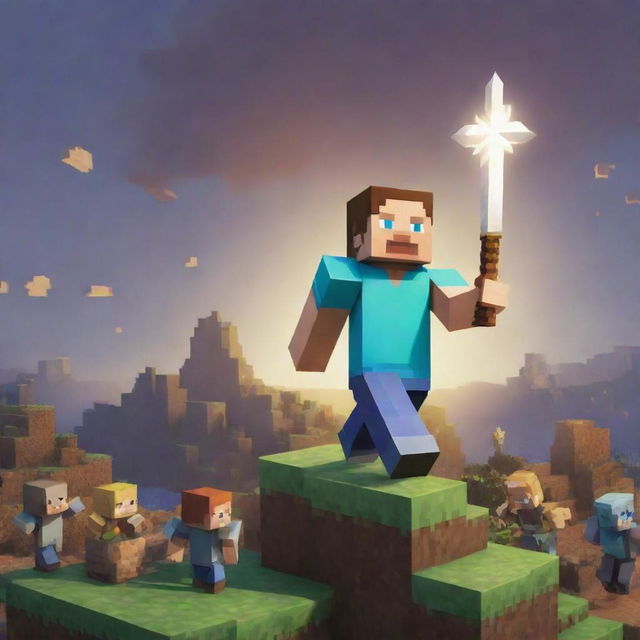 Elevate the dramatic tension in the Minecraft scene with the arrival of a savior - Steve. Illustrate him standing tall, ready for battle against the onslaught of pillagers, sparking a beacon of hope amongst the chaos.