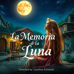 Title card for a film titled 'La Memoria de la Luna', showcasing a beautiful, vibrant hippie woman with long flowing hair, sitting peacefully under a large, luminescent moon