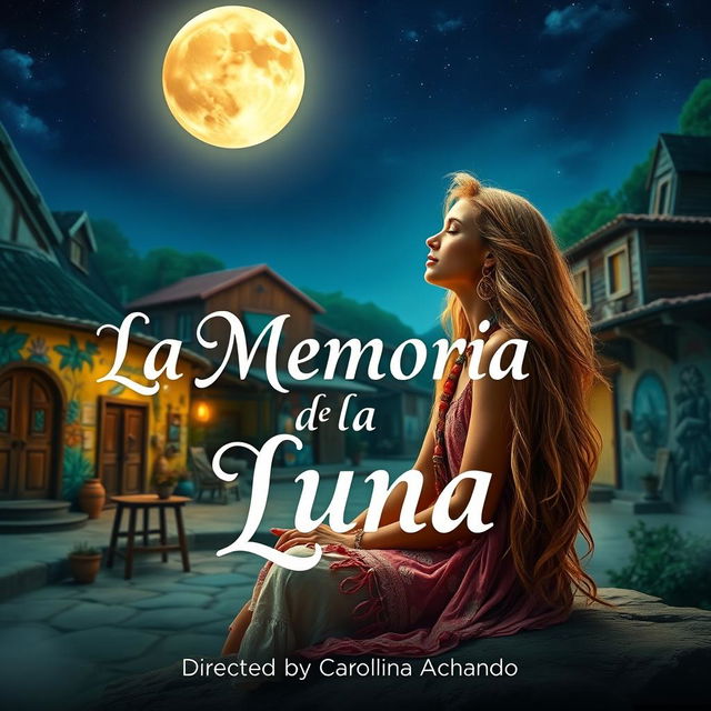 Title card for a film titled 'La Memoria de la Luna', showcasing a beautiful, vibrant hippie woman with long flowing hair, sitting peacefully under a large, luminescent moon