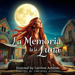 Title card for a film titled 'La Memoria de la Luna', showcasing a beautiful, vibrant hippie woman with long flowing hair, sitting peacefully under a large, luminescent moon