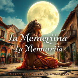Title card for a film titled 'La Memoria de la Luna', showcasing a beautiful, vibrant hippie woman with long flowing hair, sitting peacefully under a large, luminescent moon